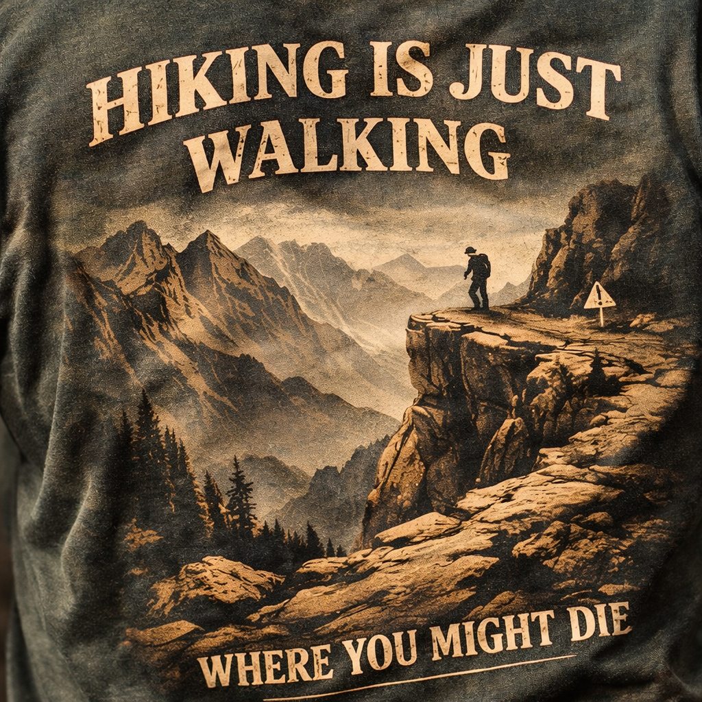 Hiking Is Just Walking Where You Might Die – Dark Humor Hiking T-Shirt