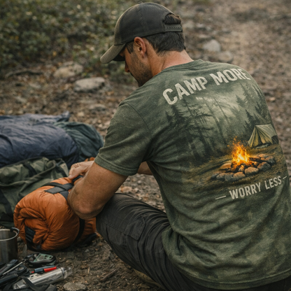 Camp More, Worry Less – Forest Camping T-Shirt