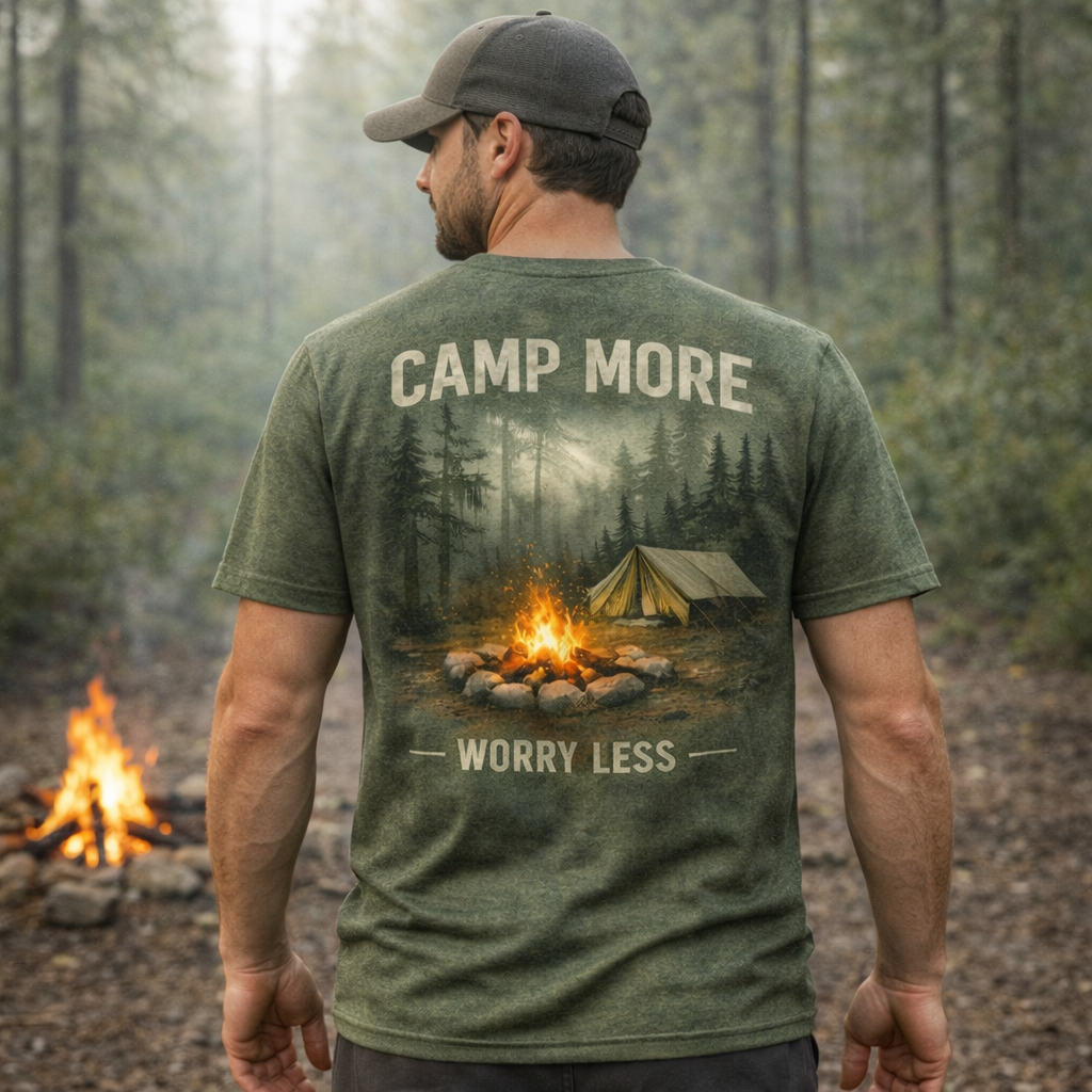 Camp More, Worry Less – Forest Camping T-Shirt