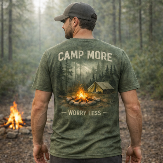 Camp More, Worry Less – Forest Camping T-Shirt
