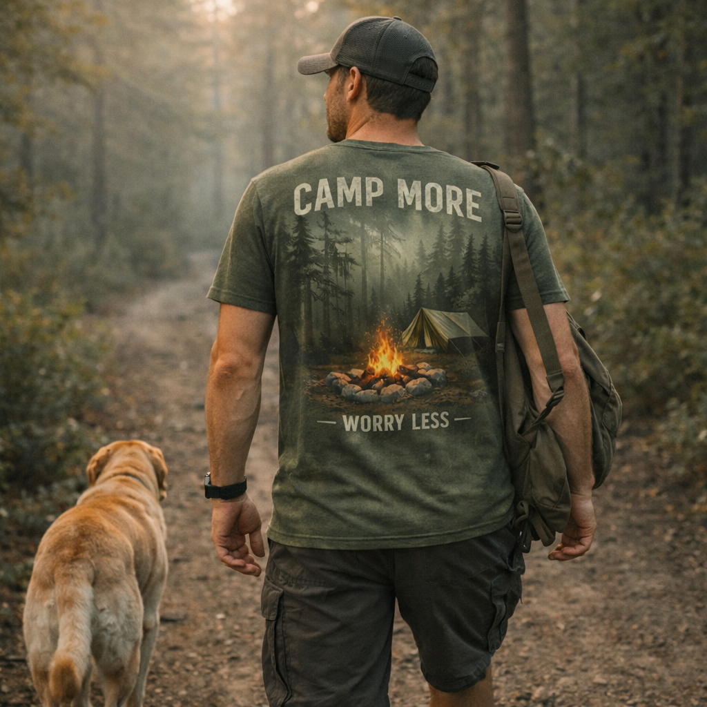 Camp More, Worry Less – Forest Camping T-Shirt