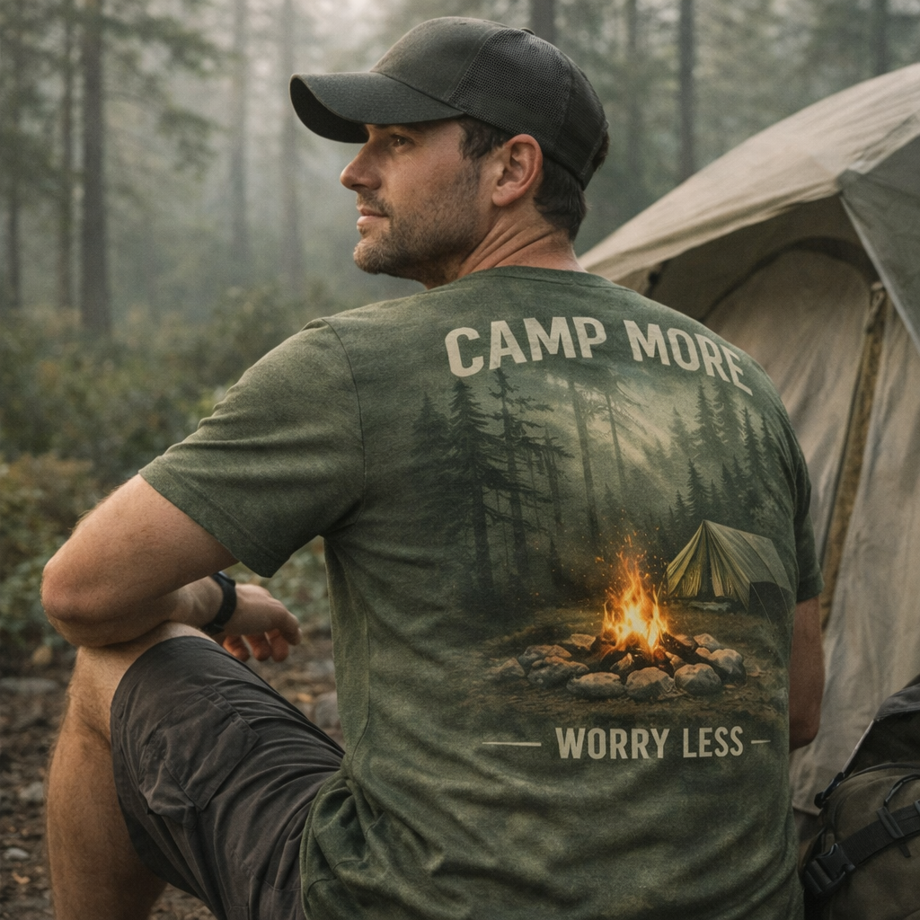 Camp More, Worry Less – Forest Camping T-Shirt