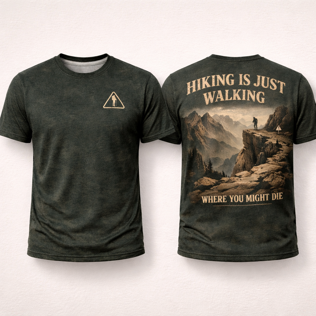 Hiking Is Just Walking Where You Might Die – Dark Humor Hiking T-Shirt