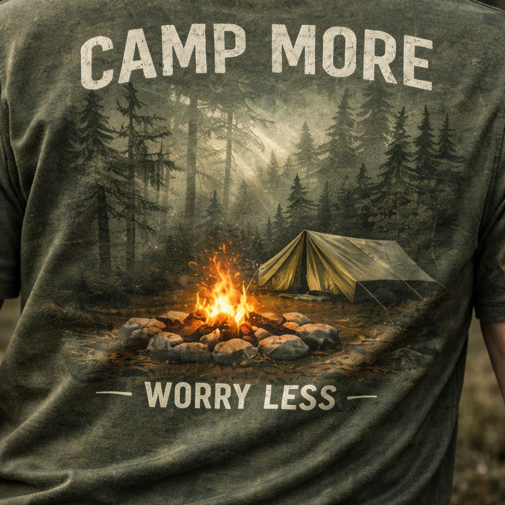 Camp More, Worry Less – Forest Camping T-Shirt