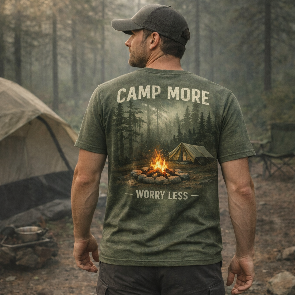 Camp More, Worry Less – Forest Camping T-Shirt
